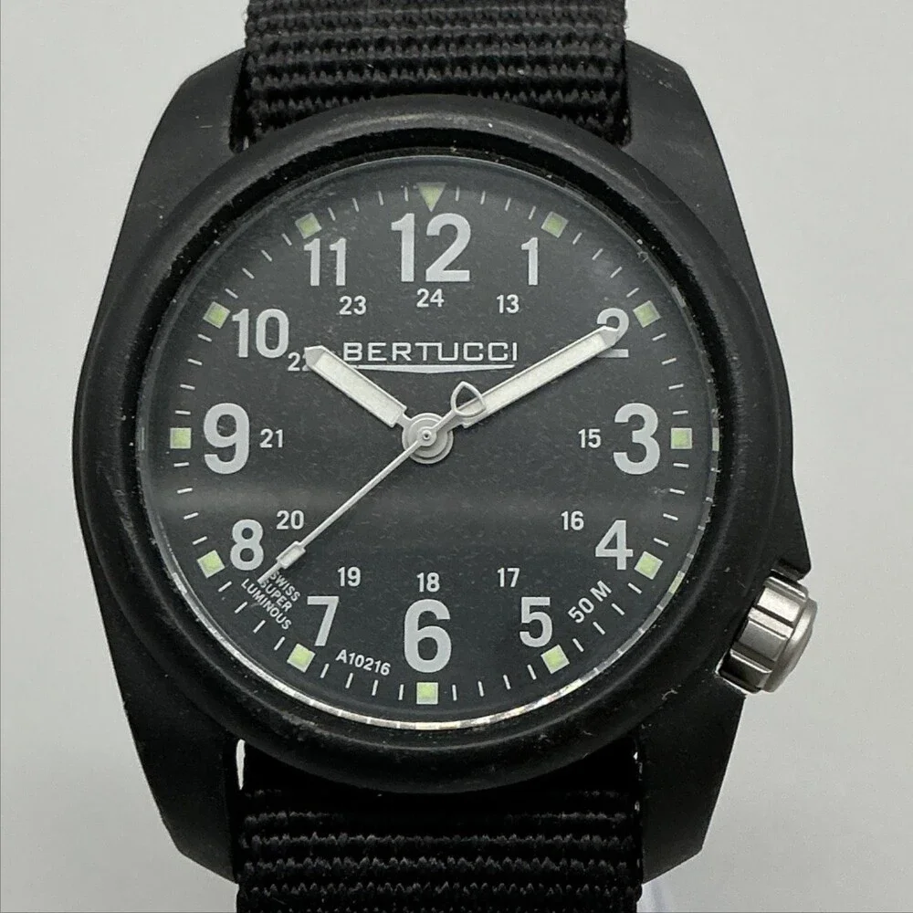 Bertucci A-2R DX3 Mens Watch 40mm Black Dial Nylon Strap 50M Field New Battery